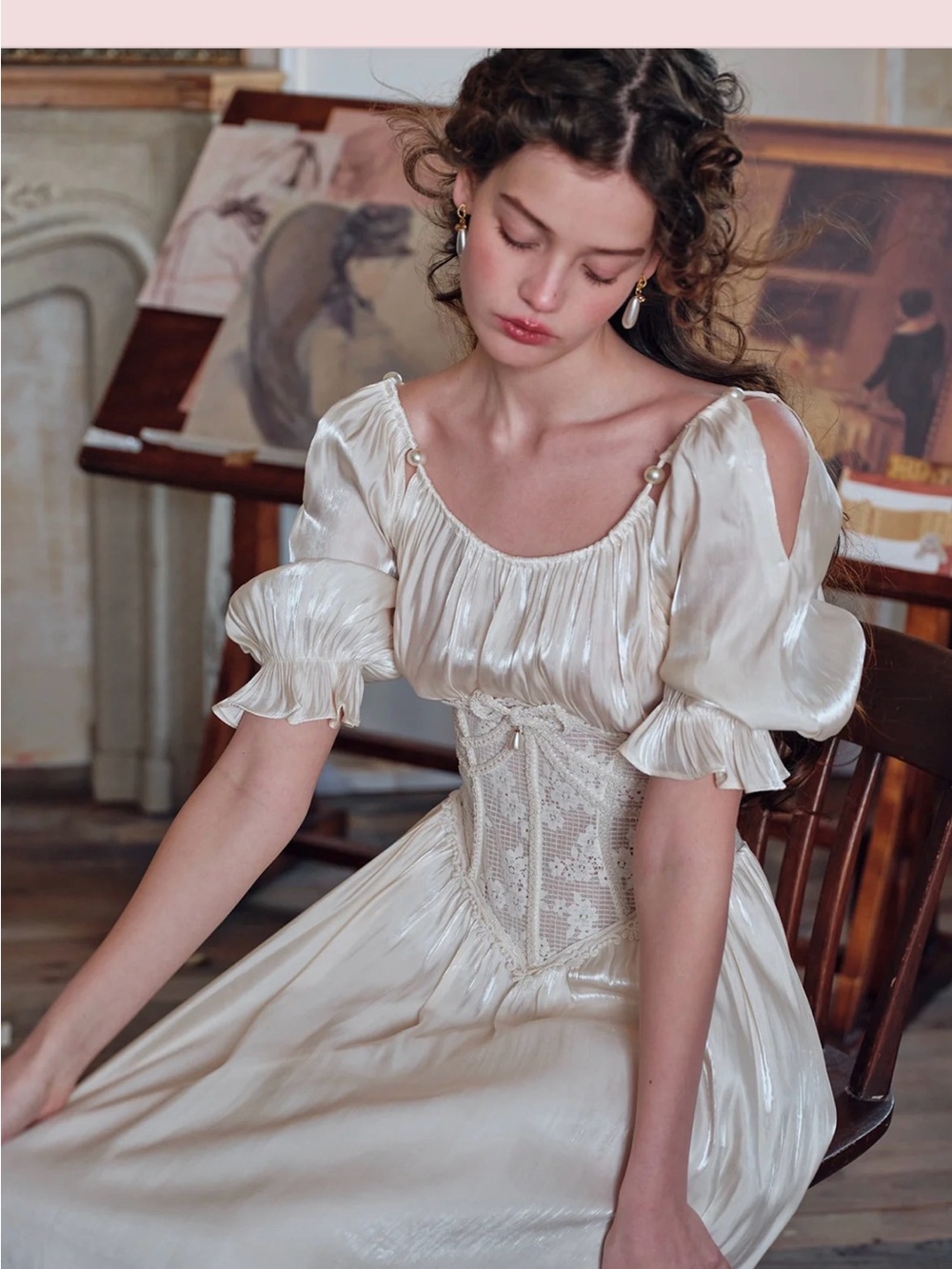 Elegant Ivory Satin Corset Midi Dress with Puff Sleeves